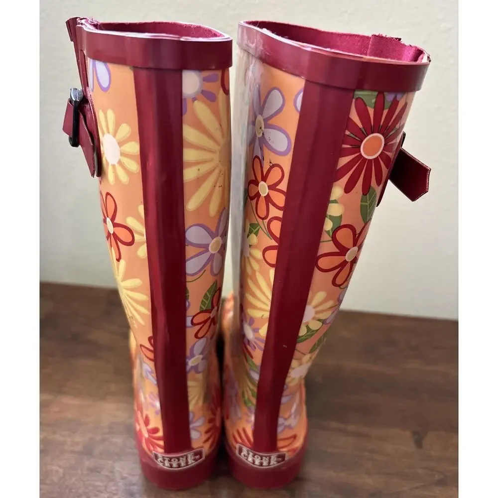 Womens Stone Creek Rubber Steel Shank Boots Size 6 Orange Flowers Rain Boots